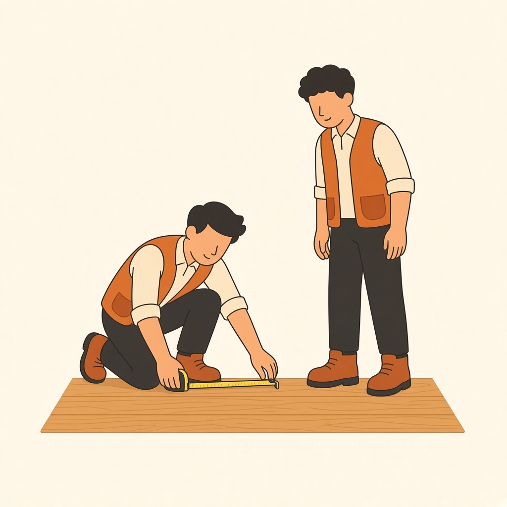 마루 바닥 위에서 줄자로 실측하는 장면